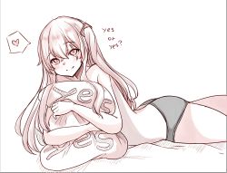 Rule 34 | 1girl, ?, absurdres, bed sheet, commentary, english commentary, english text, feet out of frame, girls&#039; frontline, heart, highres, long hair, hugging object, one side up, panties, peroronti, pillow, pillow hug, scar, scar across eye, simple background, smile, solo, speech bubble, ump45 (girls&#039; frontline), underwear, white background