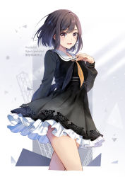 Rule 34 | 1girl, abstract background, artist name, black dress, black eyes, black hair, black neckerchief, breasts, commentary request, dress, frilled dress, frills, fujishino shikino, green neckerchief, hair ribbon, hand up, lace trim, long sleeves, looking at viewer, looking to the side, medium hair, neckerchief, open mouth, pink ribbon, project sekai, puffy sleeves, ribbon, sailor dress, shinonome ena, sidelocks, small breasts, smile, solo, standing, swept bangs, twitter username, two-tone neckerchief, watermark, white background