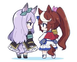 Rule 34 | 2girls, animal ears, armband, asymmetrical gloves, black footwear, black jacket, blue eyes, blue gloves, blush, boots, bow, brown hair, chibi, closed mouth, colored shadow, commentary, ear ribbon, epaulettes, eye contact, frilled jacket, frills, from behind, gloves, green legwear, green ribbon, hair ribbon, hands on own hips, highres, horse ears, horse girl, horse tail, jacket, long sleeves, looking at another, looking to the side, mejiro mcqueen (umamusume), mismatched gloves, multicolored hair, multiple girls, nozo (hitomiz), pink ribbon, pleated skirt, ponytail, profile, purple eyes, purple hair, ribbon, shadow, simple background, single epaulette, skirt, socks, standing, streaked hair, tail, tokai teio (umamusume), umamusume, white background, white footwear, white gloves, white hair, white jacket, white skirt