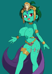 Rule 34 | 1girl, bikini, breasts, choker, colored nipples, colored skin, dancer, green hair, green nipples, green skin, harem outfit, highres, jewelry, large breasts, navel, nipples, red eyes, rottytops, shantae (series), shantae and the pirate&#039;s curse, shiny skin, short hair, stitches, sweat, swimsuit, undead, yuta agc, zombie