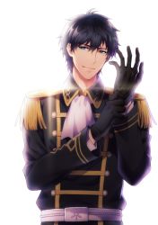Rule 34 | 10s, 1boy, adjusting clothes, adjusting gloves, alternate color, bloom, blue eyes, buttons, double-breasted, epaulettes, gloves, grey hair, heterochromia, idolmaster, idolmaster side-m, male focus, shiron (shiro n), simple background, smile, solo, takajo kyoji, white background