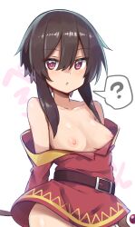 Rule 34 | 1girl, :o, ?, absurdres, alternate breast size, bare shoulders, belt, blush, breasts, breasts out, brown belt, brown hair, chipa (arutana), clueless, collarbone, confused, dress, hair between eyes, highres, holding, holding staff, kono subarashii sekai ni shukufuku wo!, looking at viewer, medium breasts, megumin, nipples, no bra, no panties, off shoulder, open mouth, parted lips, red dress, red eyes, short hair with long locks, sidelocks, simple background, solo, speech bubble, spoken question mark, staff, white background