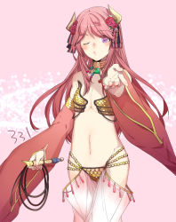 Rule 34 | 1girl, bikini, black ribbon, blush, breasts, closed mouth, commentary request, cowboy shot, detached sleeves, flower, gem, gypsy (ragnarok online), hair flower, hair ornament, hair ribbon, harem pants, holding, holding whip, horns, jewelry, long hair, looking at viewer, navel, necklace, outstretched arm, pants, pink hair, purple eyes, ragnarok online, red flower, red sleeves, ribbon, sasai saki, see-through, sequins, small breasts, solo, strapless, strapless bikini, swimsuit, white pants, yellow bikini