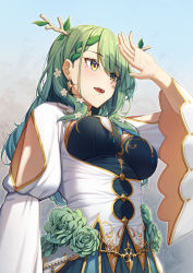 Rule 34 | 1girl, :d, absurdres, antlers, blue sky, blush, braid, breasts, ceres fauna, deer antlers, dress, erezu, flower, from below, gold trim, green flower, green hair, green rose, hair flower, hair ornament, hand up, highres, hololive, hololive english, horns, long hair, looking ahead, medium breasts, mole, mole under eye, open hand, open mouth, rose, sky, smile, solo, virtual youtuber, wide sleeves, yellow eyes