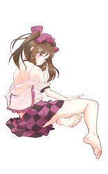 Rule 34 | 1girl, absurdres, bare legs, bare shoulders, barefoot, black choker, black skirt, blush, bow, bra, brown hair, checkered clothes, checkered skirt, choker, commentary request, frilled shirt collar, frills, from behind, full body, hair bow, hand in own hair, hand up, hat, highres, himekaidou hatate, long hair, looking at viewer, looking back, midriff peek, miniskirt, non (z-art), off shoulder, one-hour drawing challenge, parted lips, purple bow, purple eyes, purple skirt, shirt, simple background, sitting, skirt, solo, strap slip, thighs, tokin hat, touhou, twintails, underwear, white background, white bra, white shirt