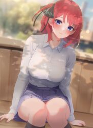 Rule 34 | 1girl, arms at sides, black socks, blue eyes, blue skirt, blurry, blurry background, blush, breasts, butterfly hair ornament, closed mouth, collared shirt, go-toubun no hanayome, hair ornament, highres, kakato 0, kneehighs, knees together feet apart, large breasts, lens flare, long sleeves, medium hair, miniskirt, nakano nino, one side up, pleated skirt, red hair, shirt, sitting, skirt, socks, solo, thighs, white shirt