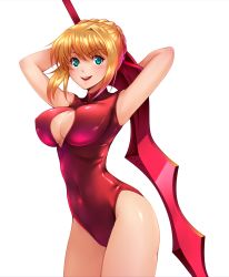 Rule 34 | 10s, 1girl, aestus estus, ahoge, arms behind head, arms up, blonde hair, braid, breasts, cleavage, cleavage cutout, clothing cutout, covered navel, fate/extra, fate (series), female focus, front zipper swimsuit, green eyes, highres, large breasts, meme attire, nero claudius (fate), nero claudius (fate), nero claudius (fate/extra), one-piece swimsuit, open mouth, red one-piece swimsuit, smile, solo, swimsuit, sword, taru neko, weapon