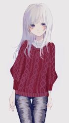 Rule 34 | 1girl, blue pants, closed mouth, cowboy shot, grey background, highres, long hair, long sleeves, looking at viewer, original, p2 (uxjzz), pants, purple eyes, red sweater, silver hair, simple background, solo, standing, sweater, thigh gap