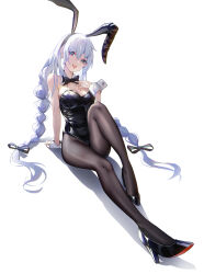 Rule 34 | 1girl, absurdres, animal ears, avrora (azur lane), azur lane, black bow, black bowtie, black footwear, black leotard, black pantyhose, blue eyes, bow, bowtie, braid, breasts, detached collar, full body, high heels, highres, kyky (-kyky), large breasts, leotard, long hair, looking at viewer, open mouth, pantyhose, playboy bunny, rabbit ears, simple background, smile, solo, strapless, strapless leotard, twin braids, white background, white hair, wrist cuffs
