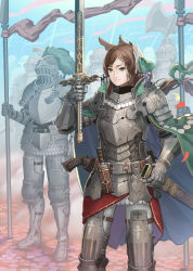 Rule 34 | 1girl, armor, army, belt, blue cape, blue sky, breastplate, brown hair, cape, commentary request, dagger, floating hair, full armor, gauntlets, greaves, green cape, green eyes, green ribbon, hair ribbon, helm, helmet, holding, holding sword, holding weapon, knife, knight, leg belt, long hair, md5 mismatch, multicolored cape, multicolored clothes, nagi itsuki, original, outdoors, pantyhose, pauldrons, plate armor, ribbon, scabbard, sheath, shoulder armor, sky, smile, solo focus, sword, unsheathed, weapon, white pantyhose
