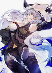 Rule 34 | 1girl, absurdres, abyssalcolor, arknights, armpits, bare shoulders, black headwear, black pantyhose, breasts, cleavage, commentary request, cowboy shot, detached sleeves, highres, long hair, long sleeves, looking at viewer, medium breasts, open mouth, pantyhose, red eyes, silver hair, solo, specter (arknights), specter the unchained (arknights), thighhighs, thighs, very long hair, white background