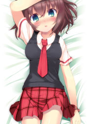 Rule 34 | 1girl, :o, blush, bracelet, green eyes, jewelry, komone ushio, lying, necktie, open mouth, plaid, plaid skirt, school uniform, skirt, solo, sweater vest, triagain, triangle!