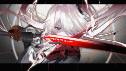 Rule 34 | 1girl, acheron (honkai: star rail), black gloves, commentary request, gloves, hair intakes, hair over one eye, highres, holding, holding sword, holding weapon, honkai: star rail, honkai (series), katana, letterboxed, long hair, looking at viewer, official alternate color, red eyes, solo, srpzk, sword, upper body, weapon, white hair