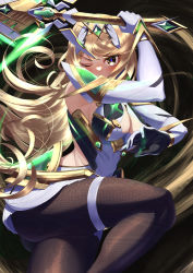 Rule 34 | 1girl, absurdres, ass, black pantyhose, blonde hair, breasts, cleavage, elbow gloves, gloves, gold trim, highres, holding, holding sword, holding weapon, large breasts, long hair, mythra (massive melee) (xenoblade), mythra (xenoblade), nithros, one eye closed, pantyhose, solo, sword, thigh strap, thighs, tiara, very long hair, weapon, white gloves, xenoblade chronicles (series), xenoblade chronicles 2, yellow eyes