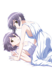 Rule 34 | 10s, 2girls, bare shoulders, bed, blush, breasts, cover, dress, dual persona, dvd cover, girl on top, glasses, hands up, hanging breasts, kyoto animation, lips, looking at viewer, looking back, lowres, lying, multiple girls, nagato yuki, nagato yuki-chan no shoushitsu, no bra, official art, on back, on bed, open mouth, pinned, purple hair, push down, selfcest, short hair, sideboob, simple background, sleeveless, sleeveless dress, small breasts, sundress, suzumiya haruhi no shoushitsu, suzumiya haruhi no yuuutsu, white background, white dress, yuri