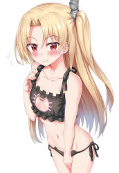 Rule 34 | 1girl, absurdres, azur lane, black bra, black panties, blonde hair, blush, bra, breasts, cat lingerie, cleavage cutout, cleveland (azur lane), closed mouth, clothing cutout, collarbone, commentary request, covering privates, covering crotch, flying sweatdrops, hair ornament, hand up, highres, legs together, long hair, looking at viewer, meme attire, navel, nedia (nedia region), one side up, panties, parted bangs, red eyes, side-tie bottom, side-tie panties, simple background, small breasts, solo, standing, underwear, underwear only, very long hair, white background