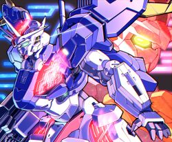 Rule 34 | beam rifle, commentary, daigosan (k66daigensui), energy gun, glowing, glowing eyes, green eyes, gun, gundam, gundam aerial, gundam aerial rebuild, gundam suisei no majo, highres, holding, holding gun, holding weapon, mecha, mobile suit, no humans, open hand, robot, science fiction, upper body, v-fin, weapon, yellow eyes