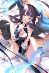 Rule 34 | 1girl, bare shoulders, black dress, black footwear, blue eyes, blue fire, blunt bangs, blush, breasts, china dress, chinese clothes, cleavage, closed mouth, detached sleeves, dress, fate/grand order, fate (series), fingers to chin, fire, fish, hair ornament, hand on own chin, high heels, kneeling, kousaki rui, large breasts, leaf hair ornament, long hair, looking at viewer, purple hair, sidelocks, signature, smile, solo, thighs, twintails, very long hair, yang guifei (fate), yang guifei (second ascension) (fate)