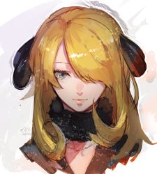 Rule 34 | 1girl, artist logo, artist name, blonde hair, collarbone, commentary, creatures (company), cynthia (pokemon), flipped hair, fur collar, game freak, grey eyes, hair over one eye, hair ribbon, highres, lips, long hair, looking at viewer, nintendo, parted lips, pokemon, pokemon dppt, ribbon, sketch, solo, uedrk yamato, upper body, white background