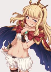 Rule 34 | 10s, 1girl, aya shachou, blonde hair, bloomers, blush, bra, breasts, cagliostro (granblue fantasy), cape, crown, granblue fantasy, groin, hand on own chin, highres, long hair, looking at viewer, naughty face, navel, open mouth, purple eyes, small breasts, smile, solo, thighhighs, underwear