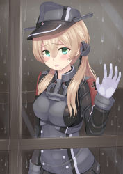 Rule 34 | 1girl, anchor, anchor hair ornament, black skirt, blonde hair, breasts, cross, gloves, green eyes, hair between eyes, hair ornament, hat, highres, indoors, iron cross, kantai collection, large breasts, long hair, long sleeves, low twintails, microskirt, military, military uniform, peaked cap, pleated skirt, prinz eugen (kancolle), rain, skirt, solo, tsukimoto reiji, twintails, uniform, white gloves, window
