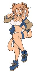 Rule 34 | 1girl, :3, animal ears, ass, breasts, cat ears, cat girl, cat tail, cleavage, curvy, fangs, full body, furry, furry female, goya (lucyfer), gym shorts, gym uniform, hand on own hip, highres, jacket, jacket on shoulders, large breasts, long hair, looking at viewer, lucyfer, navel, open mouth, original, ponytail, shoes, short shorts, shorts, simple background, smile, sneakers, sportswear, standing, standing on one leg, tail, v, white background, wide hips