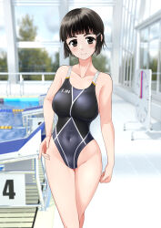 Rule 34 | 1girl, absurdres, alternate costume, black eyes, black hair, black one-piece swimsuit, blunt bangs, breasts, commentary request, competition swimsuit, covered navel, cowboy shot, hair ornament, hairclip, highleg, highleg swimsuit, highres, indoors, kantai collection, large breasts, looking at viewer, myoukou (kancolle), one-piece swimsuit, pool, poolside, short hair, smile, solo, standing, swimsuit, takafumi, variant set