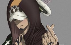 Rule 34 | 1boy, arm tattoo, bare pectorals, black eyes, black hair, blush, brown jacket, chest tattoo, collarbone, facial hair, finger heart, goatee, hat under hood, highres, hood, hooded jacket, jacket, long sideburns, looking away, male focus, one piece, open clothes, open jacket, over shoulder, panther print, pectoral cleavage, pectorals, pinattsu, portrait, short hair, sideburns, solo, sword, sword over shoulder, tattoo, toned, toned male, trafalgar law, upper body, weapon, weapon over shoulder