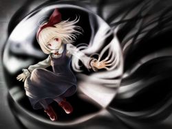 Rule 34 | black dress, blonde hair, darkness, dress, hair ribbon, hairband, loafers, long sleeves, muishiki (umauma016), outstretched arms, red eyes, red ribbon, ribbon, rumia, shoes, short hair, smile, socks, solo, touhou
