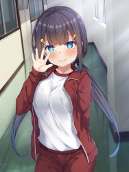 Rule 34 | 1girl, black hair, blue eyes, blush, bra visible through clothes, bralines, breasts, closed mouth, gym uniform, hair ornament, hallway, hand up, highres, indoors, jacket, jersey, kazumasa, large breasts, long hair, low twintails, original, school, smile, track jacket, track suit, twintails, underwear, waving