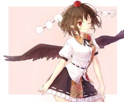 Rule 34 | 1girl, black wings, blouse, brown hair, hat, honotai, looking at viewer, one eye closed, pink background, pointy ears, pom pom (clothes), puffy sleeves, ribbon, shameimaru aya, shirt, short hair, short sleeves, skirt, smile, solo, string, tokin hat, touhou, white shirt, wings