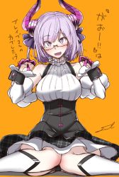 Rule 34 | 1girl, bare shoulders, breasts, cosplay, elizabeth bathory (fate), elizabeth bathory (fate/extra ccc), elizabeth bathory (second ascension) (fate), fate/grand order, fate (series), frills, fue (rhomphair), glasses, highres, horns, lancer (fate/extra ccc) (cosplay), looking at viewer, mash kyrielight, medium breasts, open mouth, orange background, pink eyes, pink hair, short hair, simple background, sitting, smile, solo, translation request, wariza