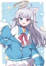 Rule 34 | 1girl, ahoge, animal ear fluff, animal ear request, animal ears, black choker, blue eyes, blue jacket, breasts, choker, commentary request, commission, cross-shaped pupils, fang, grey hair, hair ornament, hairclip, halo, heart, heart-shaped pupils, heterochromia, highres, inuyayo, jacket, long hair, looking at viewer, neck ribbon, open mouth, original, oversized clothes, red eyes, ribbon, shirt, skeb commission, skirt, small breasts, solo, symbol-shaped pupils, white shirt, white skirt, wings, yellow halo