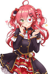 Rule 34 | 1girl, absurdres, ahoge, akai haato, akai haato (gothic lolita), akai haato (cosplay), black dress, blush, bow, cosplay, dress, eyepatch, gothic lolita, green eyes, hair bow, hair ornament, hairpin, heart, heart hair ornament, heart in eye, highres, hololive, lolita fashion, long hair, looking at viewer, nail polish, pink hair, pink nails, red bow, red dress, rinkaa (lovelive765pro2), sakura miko, solo, symbol in eye, two side up, virtual youtuber, white background, x hair ornament