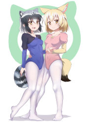 Rule 34 | 10s, 2girls, absurdres, adapted costume, alternate costume, animal ears, black hair, blonde hair, caibao return, closed mouth, commentary request, common raccoon (kemono friends), covered navel, fang, fennec (kemono friends), fox ears, fox tail, full body, grey hair, hand grab, highres, kemono friends, leotard, multicolored hair, multiple girls, open mouth, pantyhose, raccoon ears, raccoon tail, short hair, smile, standing, tail, two-tone hair, white legwear, yellow eyes