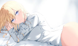 Rule 34 | 1girl, bed sheet, blonde hair, blue eyes, bottomless, breasts, commentary, genshin impact, highres, jean (genshin impact), large breasts, long hair, long sleeves, looking at viewer, lying, on bed, on side, solo, xi ying