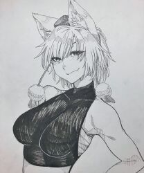 Rule 34 | 1girl, animal ear fluff, animal ears, bare shoulders, breasts, chest sarashi, closed mouth, commentary request, fang, graphite (medium), greyscale, hat, highres, inubashiri momiji, looking at viewer, medium breasts, monochrome, ozma (yozakura), pom pom (clothes), sarashi, short hair, simple background, skin fang, smile, solo, sports bra, tokin hat, touhou, traditional media, upper body, wolf ears, wolf girl