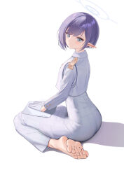 Rule 34 | 1girl, aoi (blue archive), artist name, barefoot, blue archive, blue eyes, blue halo, feet, gloves, halo, highres, jacket, long skirt, long sleeves, mole, mole under eye, parted lips, pointy ears, purple hair, rryiup, short hair, signature, simple background, skirt, soles, solo, toes, white background, white gloves, white jacket, white skirt