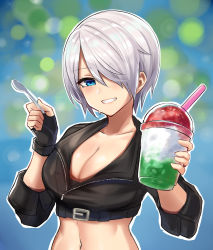 Rule 34 | 1girl, angel (kof), blue eyes, blush, breasts, cleavage, collarbone, cup, drinking straw, edboy, grin, hair over one eye, highres, holding, holding cup, holding spoon, large breasts, lips, looking at viewer, navel, parted lips, short hair, smile, snk, solo, spoon, teeth, the king of fighters, the king of fighters xv, upper body, white hair