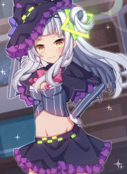 Rule 34 | 1girl, absurdres, black capelet, black hat, black skirt, blunt bangs, blurry, blurry background, bow, breasts, capelet, cleavage, crop top, depth of field, frilled hat, frilled skirt, frills, grey shirt, hair bun, hair ornament, hand on own hip, hat, highres, hololive, long hair, looking at viewer, midriff, murasaki shion, murasaki shion (1st costume), navel, pink bow, pinstripe pattern, pinstripe shirt, sapphire (sapphire25252), shirt, side bun, silver hair, single hair bun, single side bun, skirt, small breasts, solo, sparkle, striped clothes, striped shirt, tilted headwear, v-shaped eyebrows, vertical-striped clothes, vertical-striped shirt, very long hair, virtual youtuber, witch hat