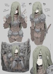 Rule 34 | 1girl, armor, arrow (projectile), bags under eyes, blood, copyright request, damaged, english text, gloves, green hair, grey eyes, hair over one eye, hushabye, long hair, multiple views, rain, scar, shield, sitting, sword, thick eyebrows, weapon, wet