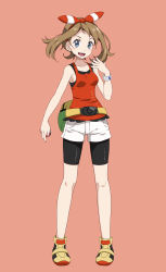 Rule 34 | 1girl, :d, bare shoulders, bike shorts, blue eyes, blush, breasts, brown hair, collarbone, commentary, creatures (company), eyelashes, fanny pack, full body, game freak, hairband, hand up, highres, holding, holding poke ball, knees, looking at viewer, may (pokemon), medium breasts, medium hair, nail polish, nintendo, open mouth, pink background, pink nails, poke ball, poke ball (basic), pokemon, pokemon oras, red hairband, red tank top, shoes, shorts, smile, solo, standing, tank top, teeth, tongue, tsukishiro saika, white shorts, yellow footwear