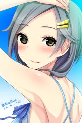 Rule 34 | 10s, 1girl, 2015, alternate costume, arm up, armpits, artist name, bare shoulders, black hair, blasowa, blush, close-up, dated, gradient background, green eyes, hair ornament, hairclip, hand on own head, kantai collection, kuroshio (kancolle), looking at viewer, looking back, open mouth, short hair, solo, stretching, swimsuit, twitter username