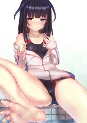 Rule 34 | 1girl, agatsuma kaede, alice gear aegis, barefoot, bathtub, black eyes, black hair, black one-piece swimsuit, breasts, collarbone, competition swimsuit, covered navel, feet out of frame, jacket, long hair, one-piece swimsuit, simple background, sitting, small breasts, soles, solo, swimsuit, track jacket, water, white background, white jacket, yui hiroshi