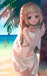 Rule 34 | 2girls, :d, bare shoulders, beach, bikini, blonde hair, blue sky, blunt bangs, blurry, blurry background, blush, braid, collarbone, commentary request, cowboy shot, creatures (company), dark-skinned female, dark skin, day, e-co, game freak, glint, green eyes, groin, lillie (pokemon), long hair, looking at viewer, mallow (pokemon), midriff, multiple girls, navel, nintendo, ocean, open mouth, outdoors, palm tree, pokemon, pokemon (anime), pokemon sm (anime), sand, sarong, sidelocks, signature, sky, smile, solo focus, standing, swimsuit, tankini, tree, white bikini, white sarong