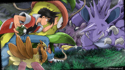 Rule 34 | 1boy, artist name, black hair, black shirt, blood, buttons, closed mouth, commentary request, creatures (company), dated, denim, game freak, gen 1 pokemon, glint, highres, holding, holding poke ball, injury, jacket, jeans, kibisakura2, legs apart, male focus, nidoking, nintendo, outdoors, pants, pidgey, poke ball, pokemon, pokemon (creature), pokemon adventures, red (pokemon), shirt, shoes, short hair, short sleeves, spring (object), standing, torn clothes, torn jeans, torn pants, victreebel