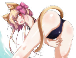Rule 34 | 1girl, animal ears, ass, bad id, bad pixiv id, bent over, blonde hair, blush, bow, cat ears, cat tail, hair bow, one-piece swimsuit, open mouth, original, red eyes, solo, swimsuit, tail, water, yumesato makura