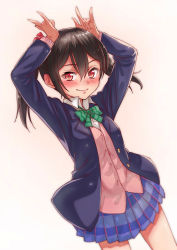 Rule 34 | 10s, 1girl, bad id, bad pixiv id, black hair, blazer, blush, bow, bowtie, cardigan, double m/, dutch angle, hair between eyes, hair bow, hands on own head, isshi pyuma, jacket, long hair, long sleeves, looking at viewer, love live!, love live! school idol project, m/, nico nico nii, pink background, pleated skirt, red eyes, school uniform, skirt, smile, solo, striped bow, striped bowtie, striped clothes, striped neckwear, twintails, yazawa nico