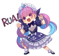 Rule 34 | 1girl, ahoge, anchor symbol, aqua hair, aqua nails, blue bow, blue bowtie, blue dress, blue footwear, blush, bow, bowtie, braid, breasts, chibi, claw pose, colored inner hair, commentary, dress, drill hair, english commentary, eyes visible through hair, french braid, frilled dress, frills, frostcyco, full body, hair between eyes, hair ribbon, hololive, long hair, looking at viewer, maid headdress, medium breasts, minato aqua, minato aqua (1st costume), mixed-language commentary, multicolored hair, nail polish, open mouth, puffy short sleeves, puffy sleeves, purple eyes, purple hair, ribbon, shoes, short sleeves, simple background, smile, solo, standing, streaked hair, twin drills, twintails, two-tone hair, virtual youtuber, white background, wrist cuffs