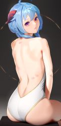 Rule 34 | 1girl, absurdres, ahoge, alternate costume, arched back, ass, back, back focus, backless leotard, bare arms, bare back, bare shoulders, blue hair, blush, brown background, from behind, ganyu (genshin impact), genshin impact, goat horns, gold trim, gradient eyes, hair over shoulder, highres, horns, leotard, long hair, looking at viewer, looking back, median furrow, multicolored eyes, parted lips, purple eyes, shoulder blades, sitting, solo, strapless, strapless leotard, thighs, white leotard, wusie2